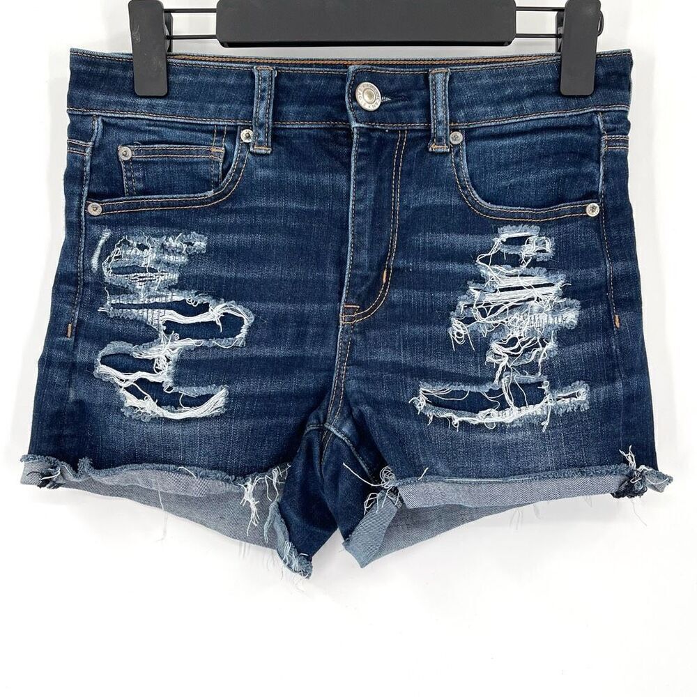American Eagle Level Stretch Hi Rise Shortie Roll Raw Hem‎ Denim Shorts Women 4
